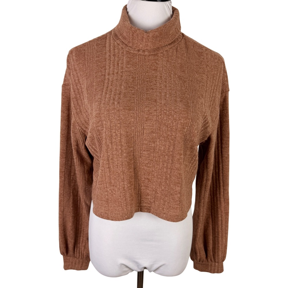 SHEIN Women's Large Brown Ribbed Cropped Turtleneck Sweater  Long‎ Sleeve